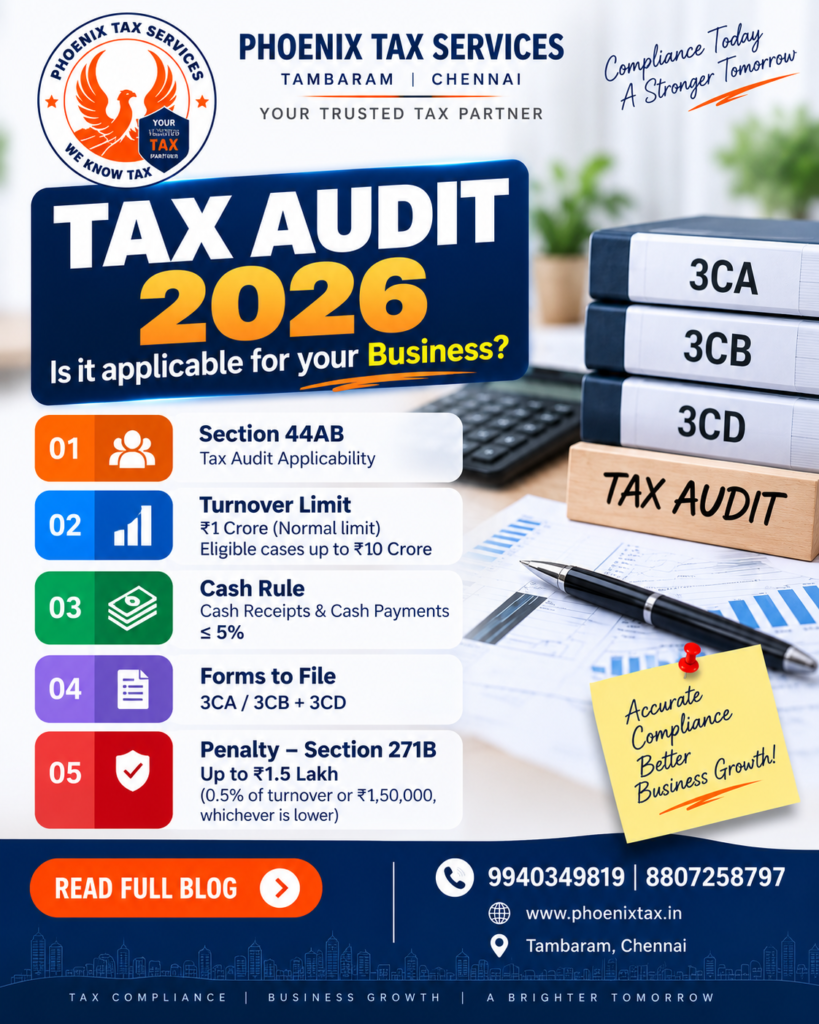 Tax Audit AY 2026-27 Section 44AB 3CB 3CD Report Phoenix Tax Services Chennai