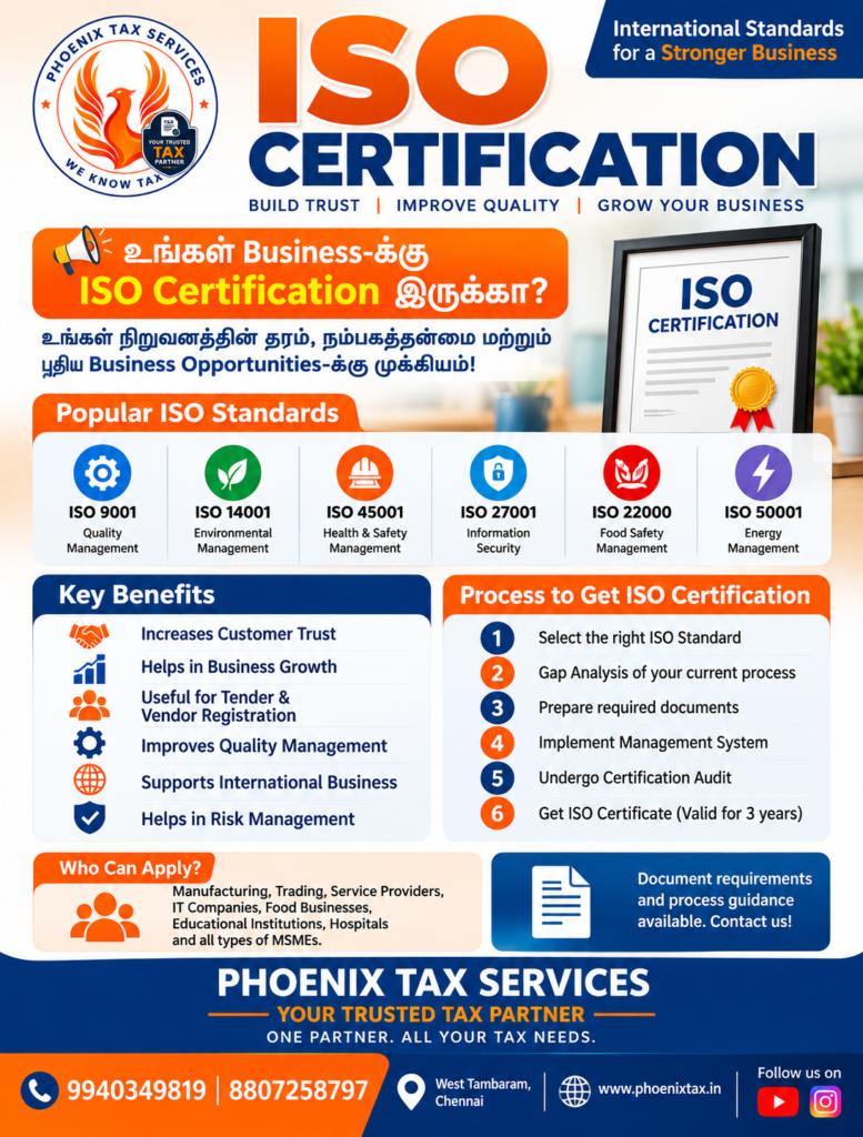 ISO Certification process, benefits and required documents for businesses in Chennai – Phoenix Tax Services.