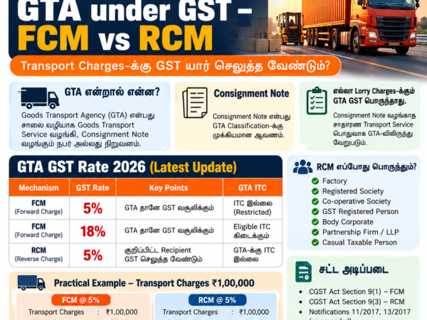 GTA GST 2026 FCM vs RCM explained in Tamil – 5% and 18% GST rates, transport charges, ITC rules and Phoenix Tax Consultant Tambaram Chennai.