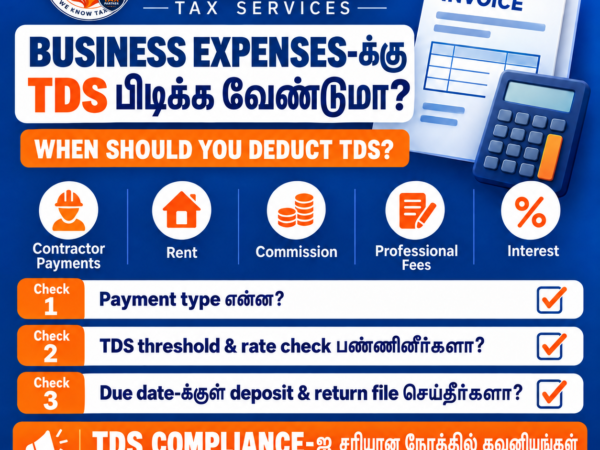 Phoenix Tax Services poster explaining when TDS may apply to business expenses such as contractor payments, rent, commission, professional fees and interest. Includes key compliance checks and contact numbers.