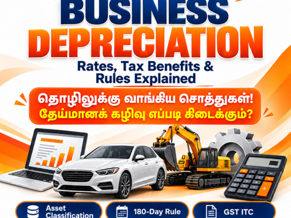 Phoenix Tax business depreciation poster featuring a laptop, car and machinery, highlighting asset classification, the 180-day rule and GST ITC in English and Tamil.