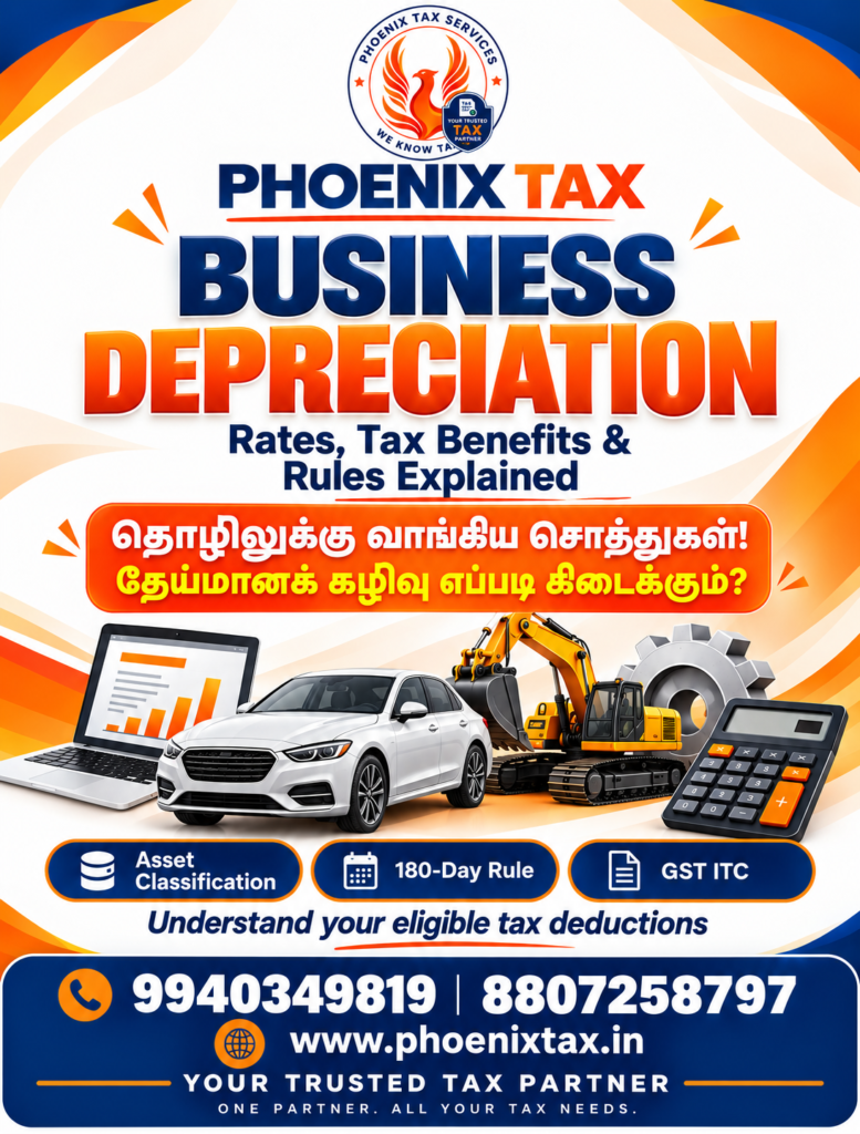 Phoenix Tax business depreciation poster featuring a laptop, car and machinery, highlighting asset classification, the 180-day rule and GST ITC in English and Tamil.