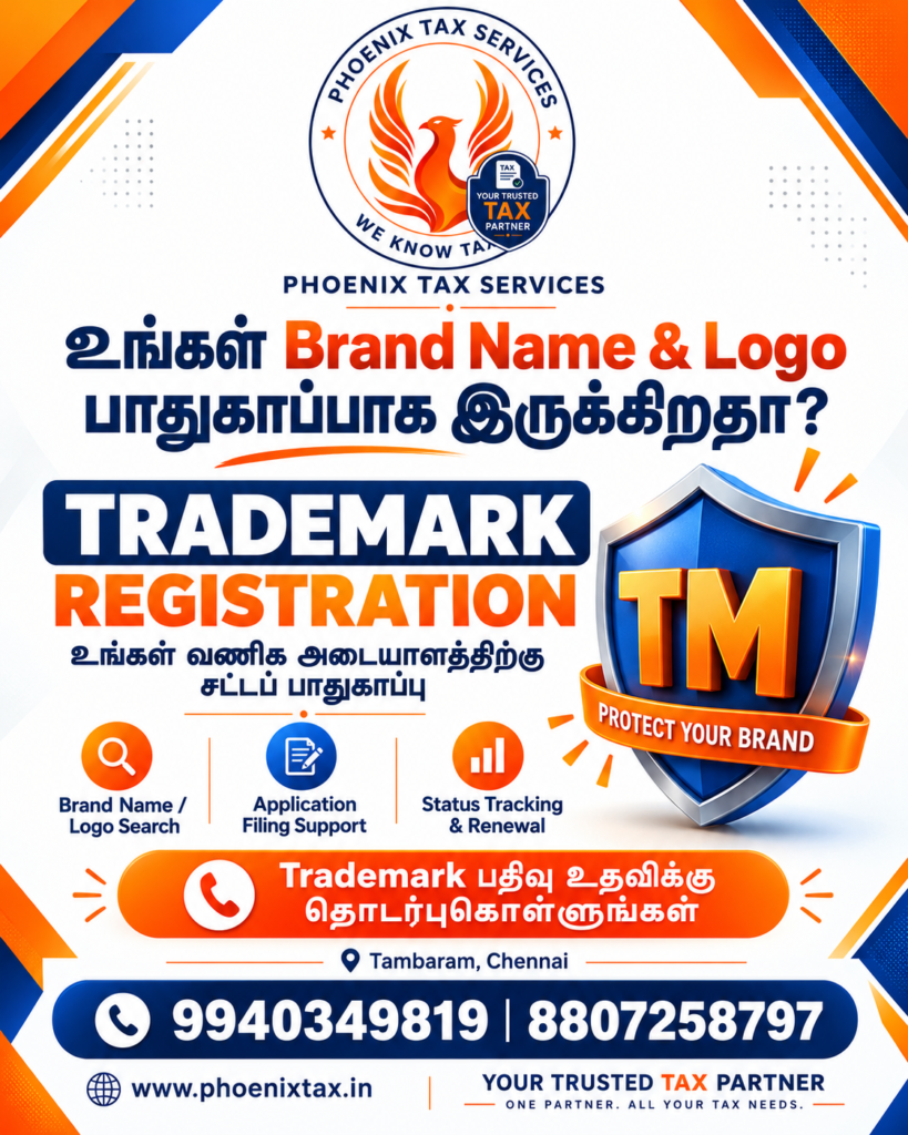 Phoenix Tax Services trademark registration poster promoting brand name and logo protection, application filing support, and renewal assistance in Tambaram, Chennai.