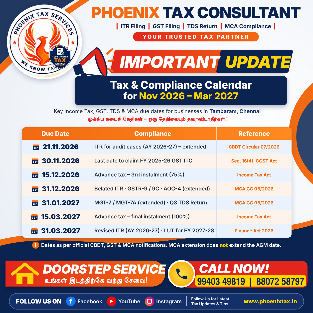 Tax & Compliance Calendar Nov 2026 – Mar 2027 – Phoenix Tax Consultant, Tambaram, Chennai